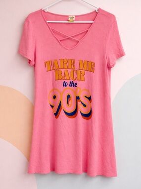 90s Graphic Tee Pink Criss Cross Neck Top Medium Retro Graphic Shirt New